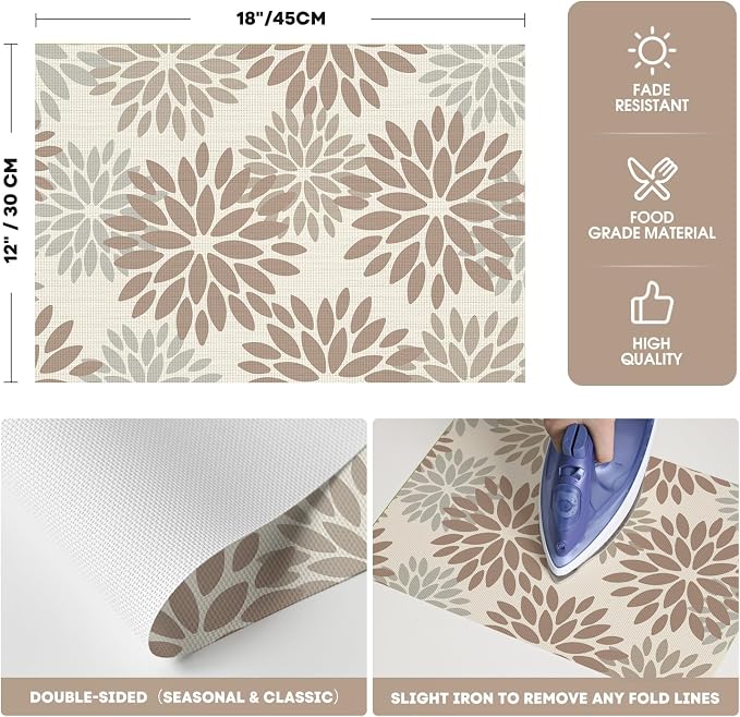 Artoid Mode Floral Vinyl Placemats Set of 4, 12x18 Inch Washable Non-Slip Plastic Vinyl Place Mats for Party Kitchen Dining Decor, Brown