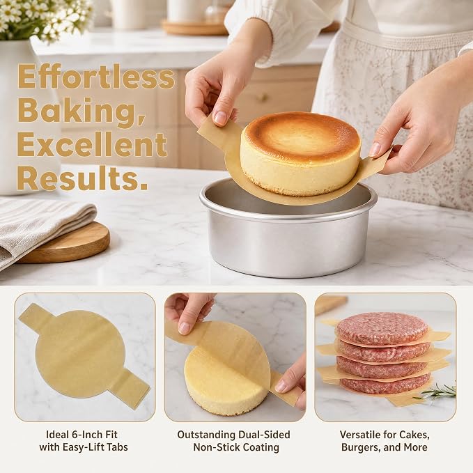 VERDYTEMO 8 Inch Cake Liners 100 Pcs - Non-Stick Parchment Baking Sheets with Easy Lift Tabs, Greaseproof Round Pan Liners for Oven, Air Fryer, Springform Pan & Pie