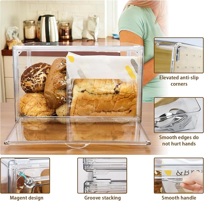 RISICULIS Large Bread Box for Kitchen Countertop, Bread Storage Container, and Utensil Organizer with Bamboo Cutting Board Lid, Clear Bin, Keeper for Homemade Bagel, Muffins, Rolls