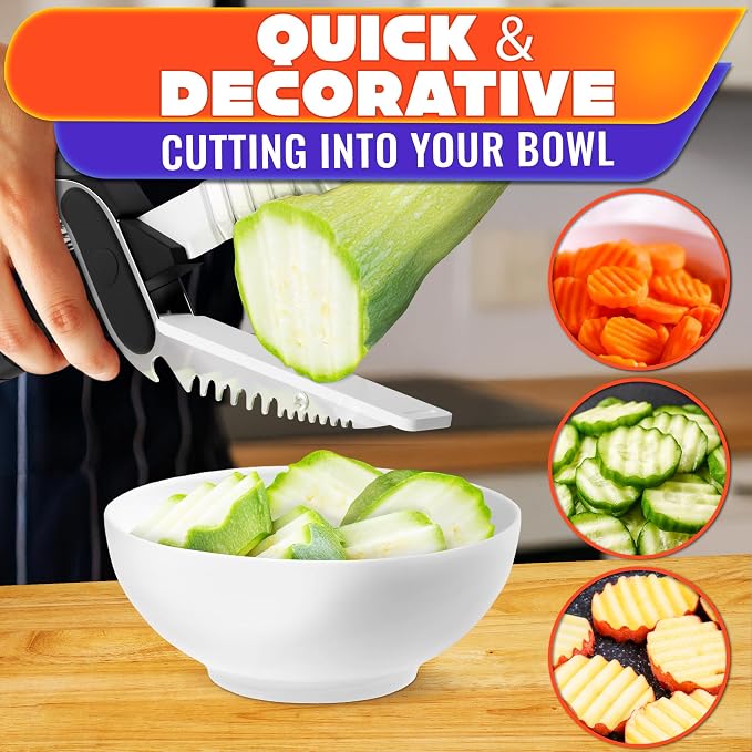 6-in-1 Cutting Board Scissors, Ribbed Stainless Steel Blade | Dishwasher-Safe Kitchen Scissors for Food, Meat, Fish, Cheese, and Herbs, Spring-Assisted Faster Prep, Non-Slip TPR Grip