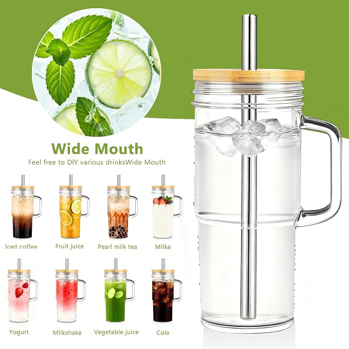 Birity Glass Cups with Lids and Straws,24oz Glass Tumbler With Handle,4 Pack Reusable Iced Coffee Cup with Lids-Mason Jar with Lid and Straw,Boba Cup for Cold & Hot Drinks,Smoothies Cup,Travel Mug