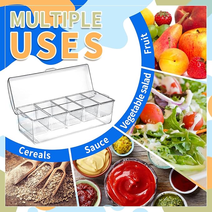 2 Pack Large Ice Chilled Condiment Caddy, Condiment Containers with Lids | serving tray,mimosa bar supplies,5 Removable Compartments (2.5 cup),fruit tray,hosting essentials,catering supplies