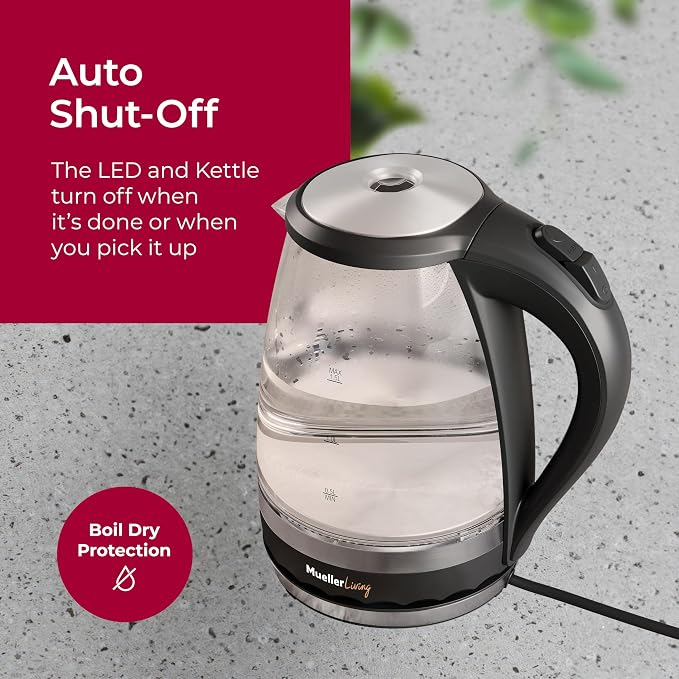 MuellerLiving Glass Kettle 1.5L 1500W LED Light Electric Tea Kettle Automatic Shut-Off with SpeedBoil Tech and Boil-Dry Protection | 1.5L | 1500W | LED Light | Automatic Shut-Off | SpeedBoil Tech | Boil-Dry Protection