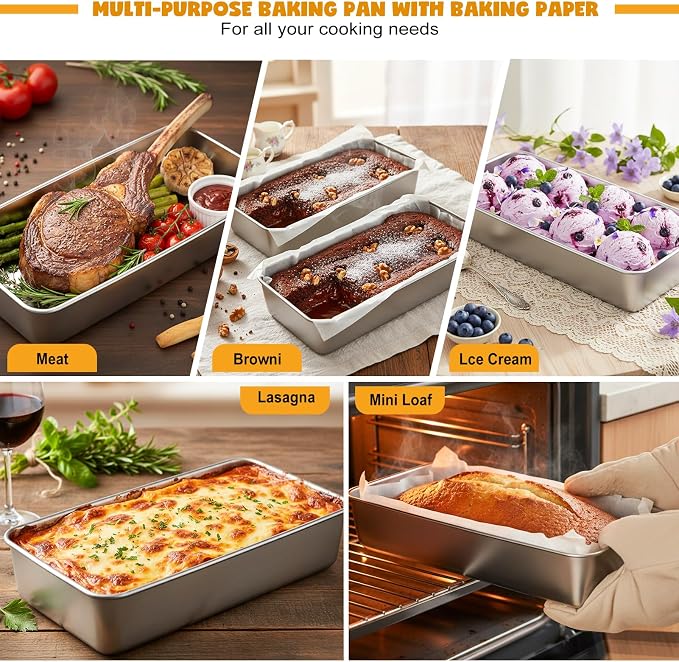 Large Loaf Pans, 12 x 5 Inch Stainless Steel Loaf Pans for Baking | 2 Pack Bread Pans Tins w/ Parchment, Bread Loaf Baking Pan for Meatloaf, Cake, Brownies, Non Toxic, Oven & Dishwasher Safe