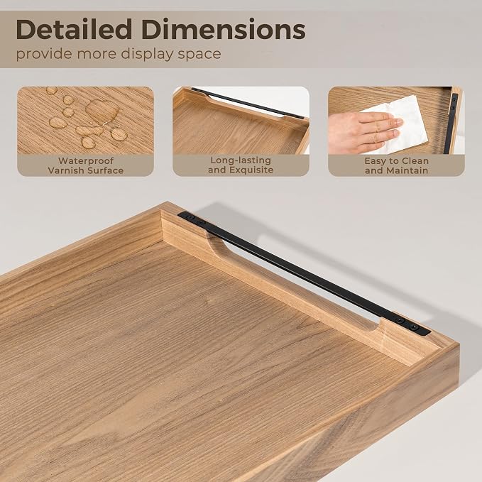 Wooden Serving Tray with Metal Handles|Ottoman Tray for Breakfast, Bed, Couch|17x13in Ash Wood Coffee Table Trays|Food Drinks Decorative Storage Boards for Ottoman Kitchen, Natural