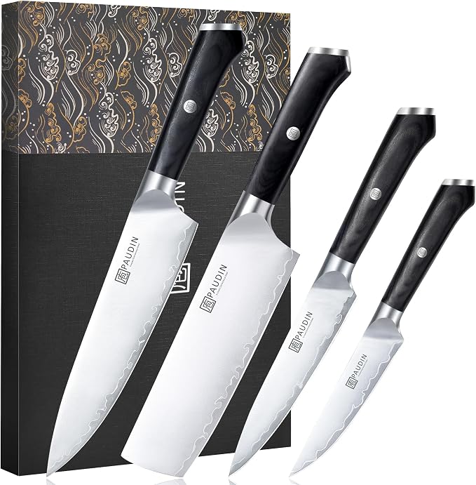 PAUDIN Kitchen Knife Set, Ultra-Sharp Multi-Layer High Carbon Steel Knives for Meat and Vegetables, Ergonomic Wooden Handle,62 HRC Kitchen Chef Knife Set for Cooking,BBQ,Meal Prep,Gifts for Men Women
