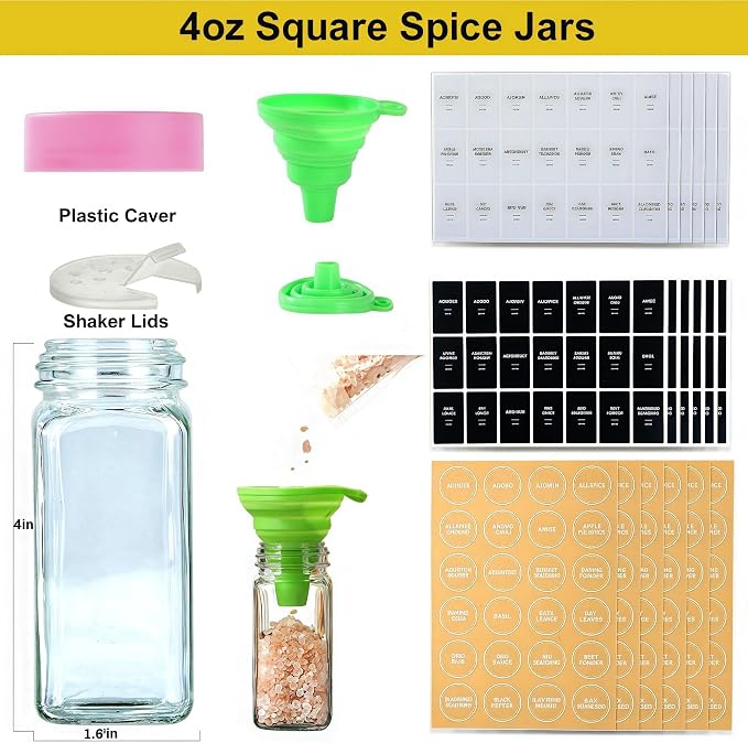 36 Spice Jars with Labels, 4oz Seasoning Jars for Cabinets, Drawers, Racks | Lead-free glass seasoning containers with pink airtight lids, and they are dishwasher safe
