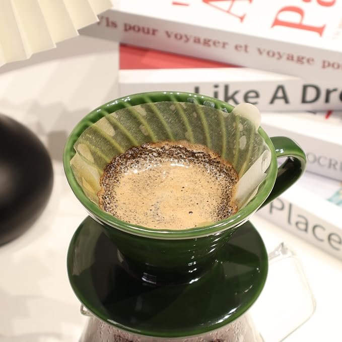 Ceramic Pour Over Coffee Dripper includes 50 Filters Porcelain Coffee Maker 01 Hand Drew Brewing Pottery Green Portable Artisanal Manual Gift for 1-2 People Home, Office, School, Camping