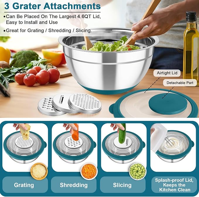 TeamFar Mixing Bowls with Colander, Stainless Steel Salad Bowls, Blue | 4.6/ 3/ 1.5 QT Nesting Bowls Rotatable Fruit Strainer, with Lids & 3 Graters, Non-Slip Bottom & Visible Lid, Dishwasher Safe