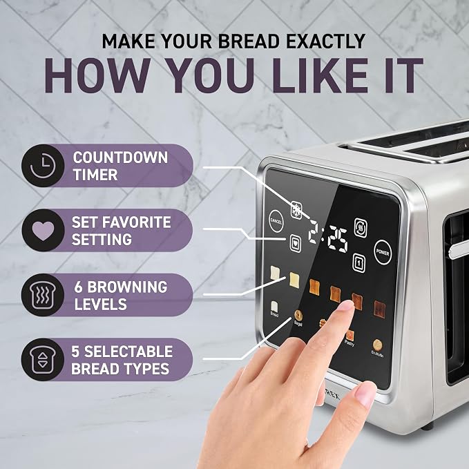 Inspirex Touch Screen Toaster - 4 Slice Long Extra-Wide Slots - 5 Bread Type and 6 Browning Levels - Defrost, Reheat, Favorite, Single Slot Settings - Stainless Steel