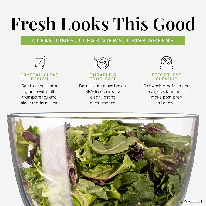 Glass Salad Spinner with Storage Lid, 6 Quart Borosilicate Glass Bowl, Push Button Drying Lid, BPA-Free Draining Basket Doubles as Serving Bowl & Colander, Lettuce, Vegetable, & Fruit Washer