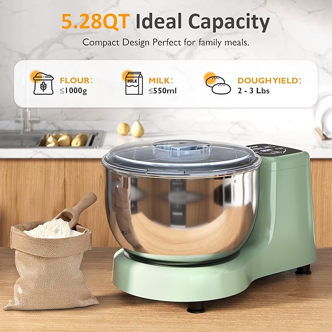 Sunvivi Electric Dough Maker with Ferment Function, 5.3QT Dough Mixer with Adjust Time, Household Stand Mixer Kitchen Flour Kneading Machine, LED Touch Panel, 304 Stainless Steel Bowl, Green