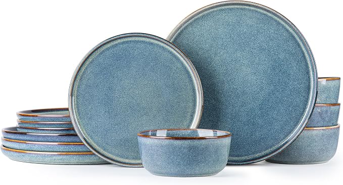 AmorArc Stoneware Dinnerware Sets for 4, 12Pcs Plates and Bowls Sets Dishes | Ceramic Round Reactive Glaze Dishes Set, Highly Scratch Resistant | Dishwasher & Microwave Safe Dishware