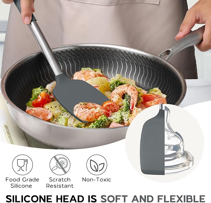Onader 10 Pieces Silicone Kitchen Utensils Set, Cooking Utensils with Holder and Heat Resistant Stainless Steel Handle for Nonstick Cookware -Gray