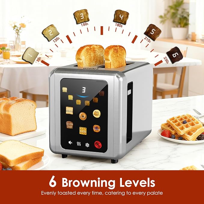 WHALL Full Touch Screen Toaster 2 Slice, Smart Toaster for Bread, Silver | 1.5'' Extra Wide Slot, 6 Shade Settings, Reheat/Defrost/Mute/Standby, Gluten-Free Waffle Pastry Mode, Stainless Steel, Silver