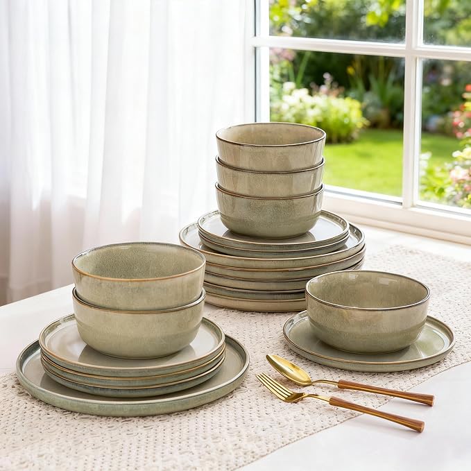 AmorArc Stoneware Dinnerware Sets for 4, 12Pcs Plates and Bowls Sets Dishes | Ceramic Round Reactive Glaze Dishes Set, Highly Scratch Resistant | Dishwasher & Microwave Safe Dishware
