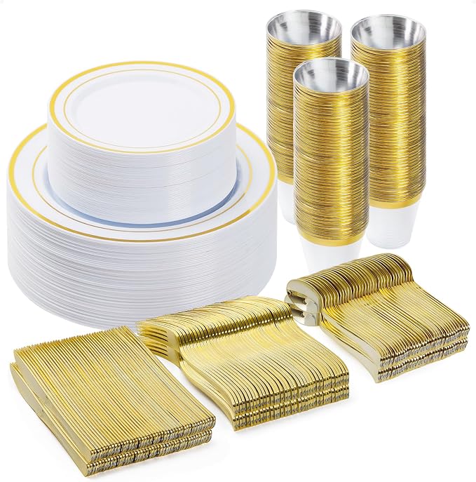 BESTVIP 300PCS Plastic Dinnerware Set, Gold Disposable Plates | for Party, Wedding, Anniversary, Includes: Dinner Plates, Dessert Plates, Cups, Spoons, Forks and Knives(50 Guests)