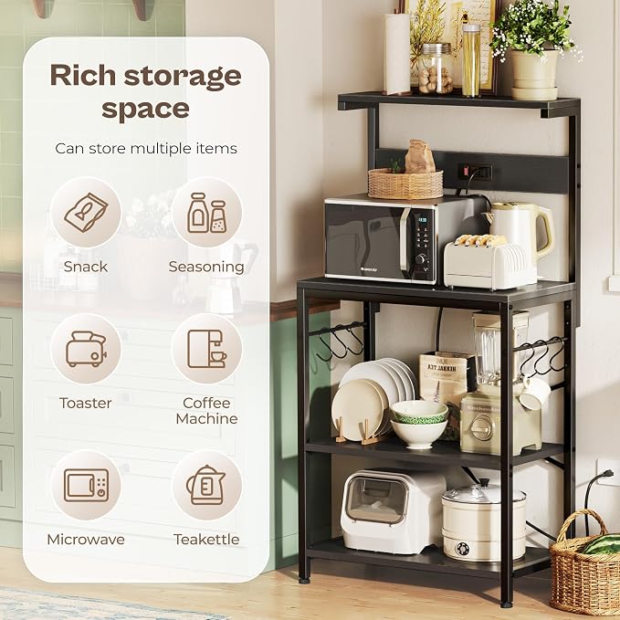 SUPERJARE Kitchen Bakers Rack with Power Outlet, Coffee Bar Table 4 Tiers, Kitchen Microwave Stand with 6 S-shaped Hooks, Storage Shelf Rack for Spices, Pots and Pans - Black