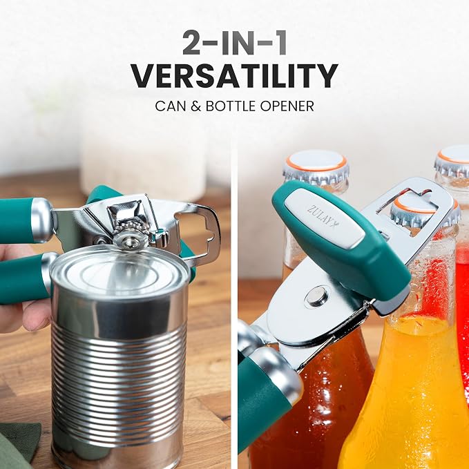 Zulay Kitchen Heavy Duty Stainless Steel Can Opener Manual with Bottle Opener - Rust Proof Manual Can Opener With Turn Knob & Comfy Soft Grip Handles - Emerald