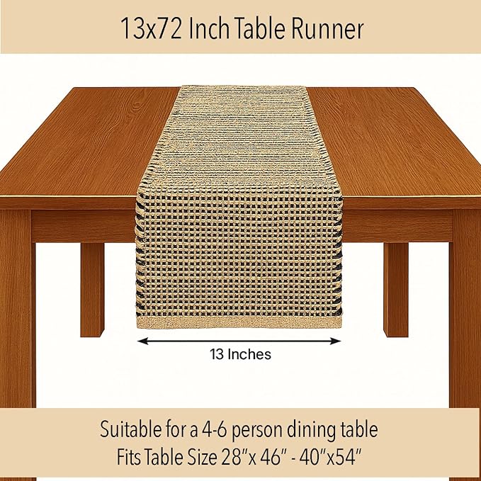 Natural Jute Table Runner 13x72 Inch – Vintage Boho Rustic Table Decor – Handwoven Table Runner in Natural Jute and Black – Farmhouse Dining or Console Table Accent