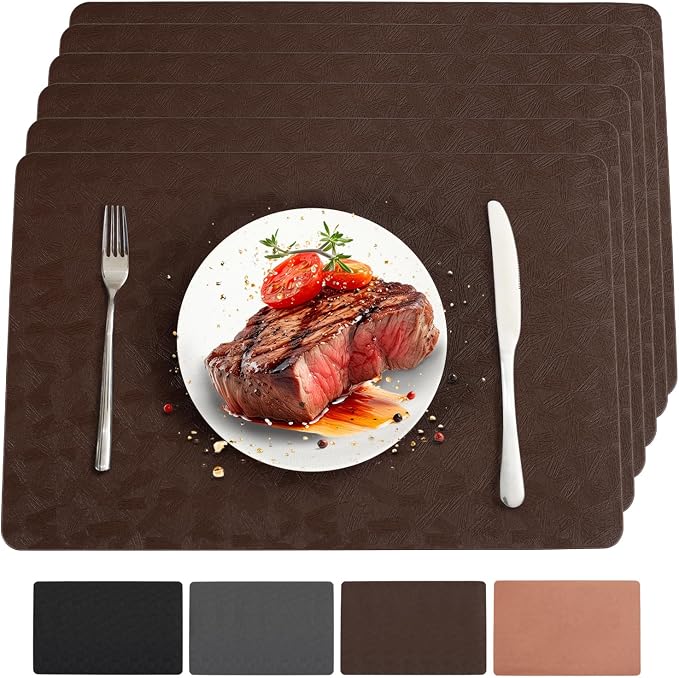 Brown Vinyl Placemats Set of 6 Waterproof Wipeable Table Mats | Heat Resistant Easy Clean Place Mats Faux Leather Table Mats Washable PVC Table Placemats for Dining Table