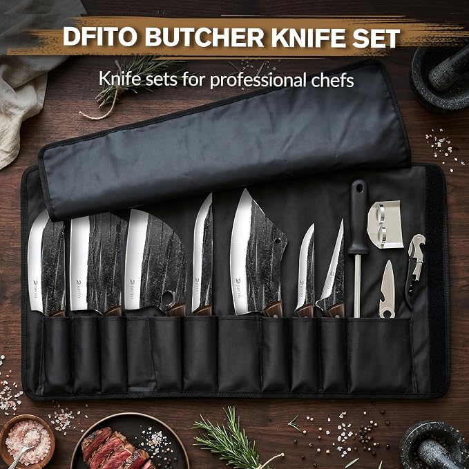 Butcher Knife Set, Sharp Kitchen Knife Set with Roll Bag Gift for Men | Hand Forged 14PCS Butcher Chef Knife Set with Bone Chopping Knives & Meat Cleaver Knife & Fillet Knives for Home, Camping BBQ