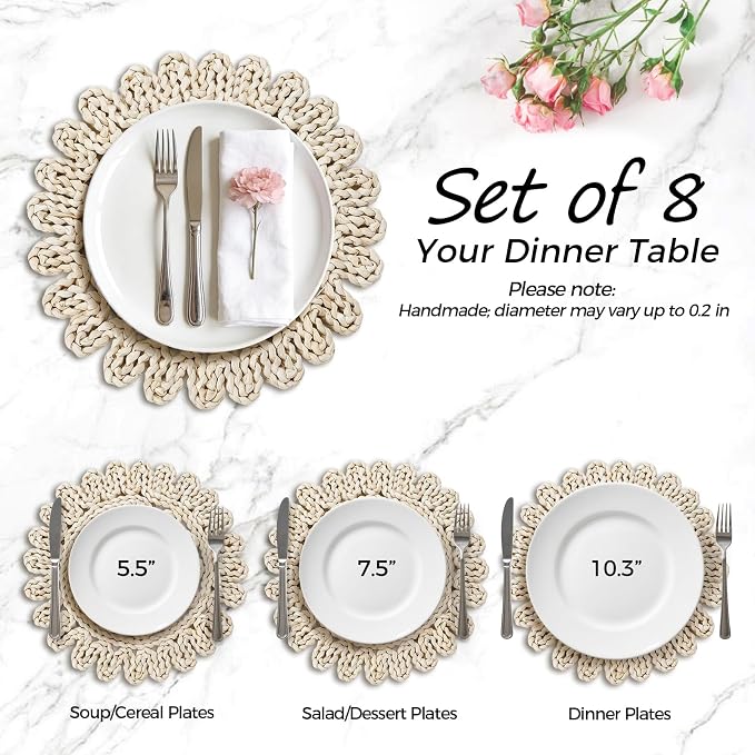13" Round Placemats Set of 8, Corn Husk Woven Placemat, Rustic White Place Mats for Dining Table Decor, Boho Rattan Wicker Plate Chargers for Wedding Dinner Party