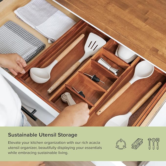 Utensil & Junk Drawer Organizer, 18.5-33 in, Acacia | Food-safe contract grade, 100% sustainable wood, non-slip, adjustable