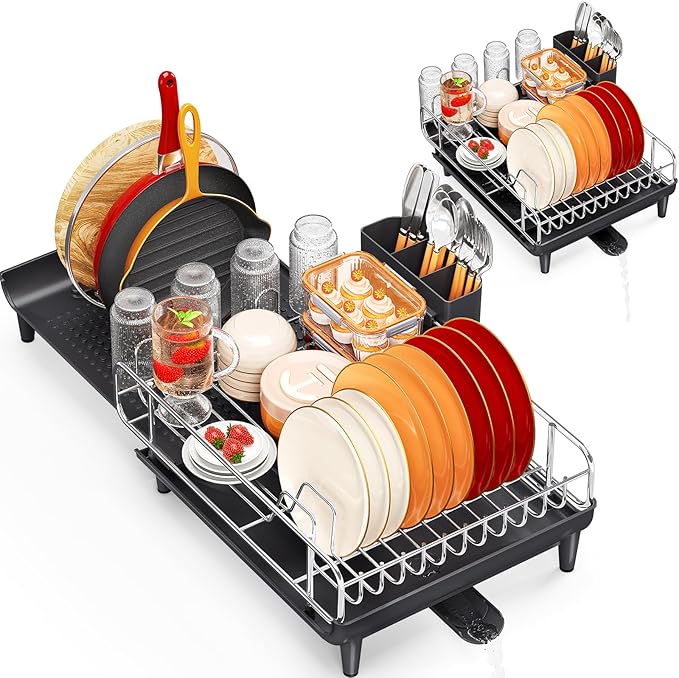 TOOLF Expandable Dish Drying Rack for Kitchen Counter, Black | Collapsible 16.7"-26.8", Stainless Steel Dish Dryer Rack Drainer for RV, Apartment, with Cutlery Holder, Fits for 3-4 People