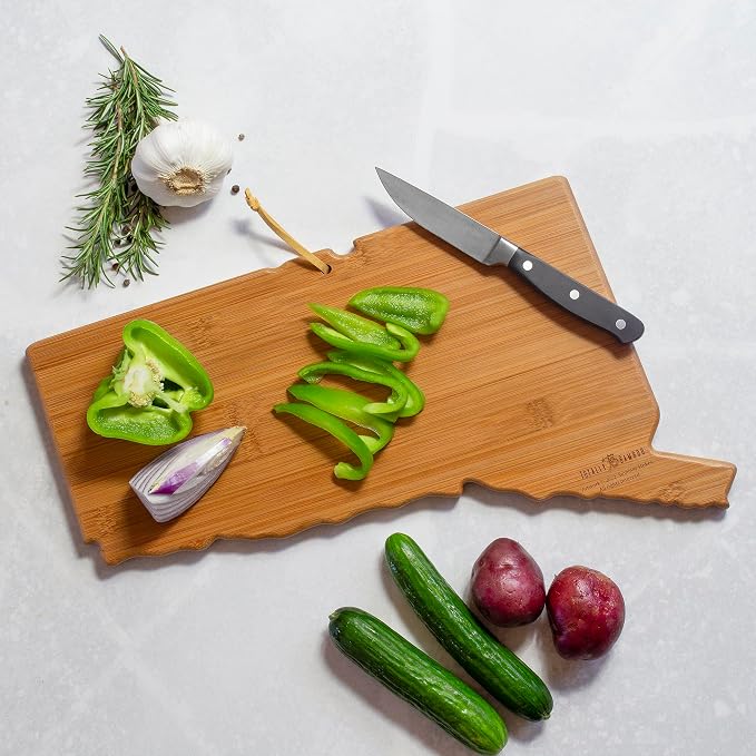 Totally Bamboo Connecticut State Shaped Cutting Board and Charcuterie Serving Platter with Artwork by Summer Stokes, Includes Hang Tie for Wall Display