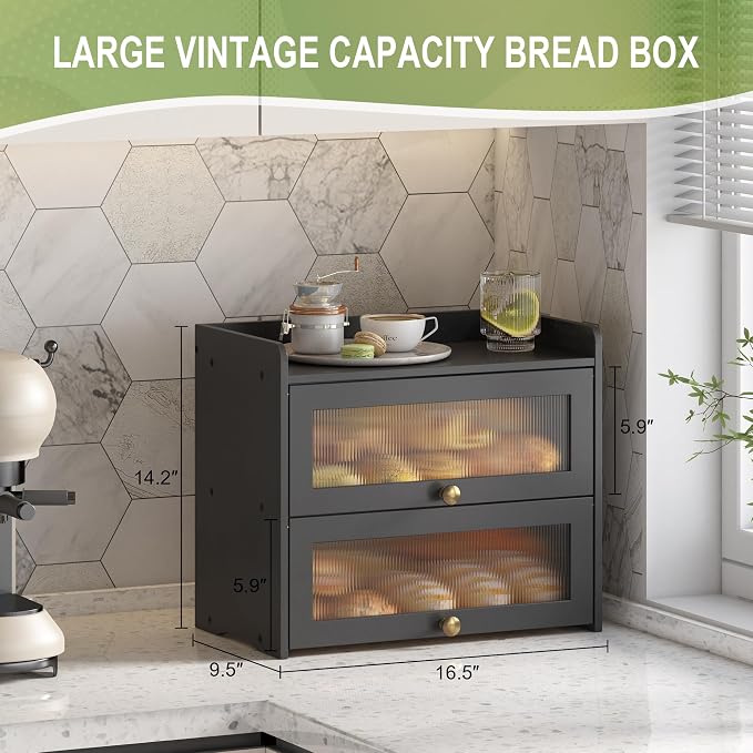Large Vintage Bread Box for Kitchen Countertop Homemade Bread, Black | Farmhouse Wooden Double Layer Breadbox Organizer Bread Holder Storage Container with Window