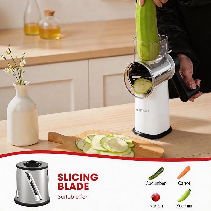 Rotary Cheese Grater Hand Crank with Foldable Handle, Three Blades | Perfect Graters for Kitchen, Fresh Cheese, Vegetables, Nuts, Shredder Hand Crank with Suction Base, Rotary Grader