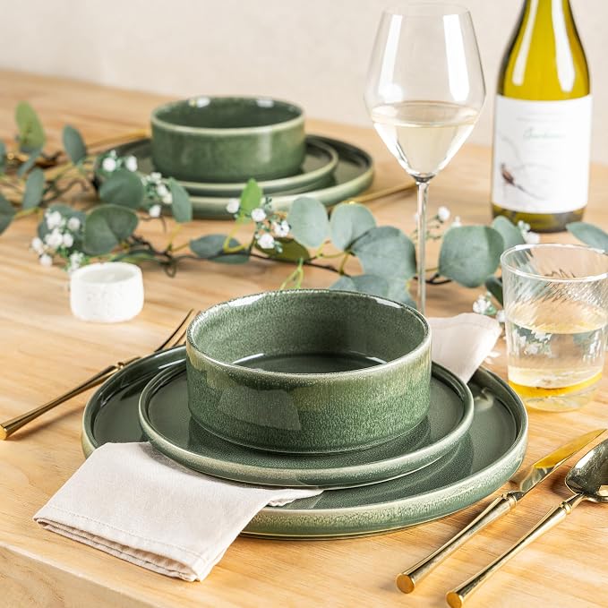 AmorArc Ceramic Dinnerware Sets for 4,12 Piece Plates and Bowls Sets Dishes | Stoneware Handmade Reactive Glaze Dishes Set | Highly Chip and Crack Resistant | Dishwasher & Microwave Safe