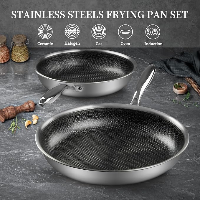 Innerwell Non Stick Frying Pans, Stainless Steel Pan Set with Lid | Honeycomb nonstick coating, PFOA-free. Cool-touch handles. Compatible with All Stoves. Oven Safe&Dishwasher safe.
