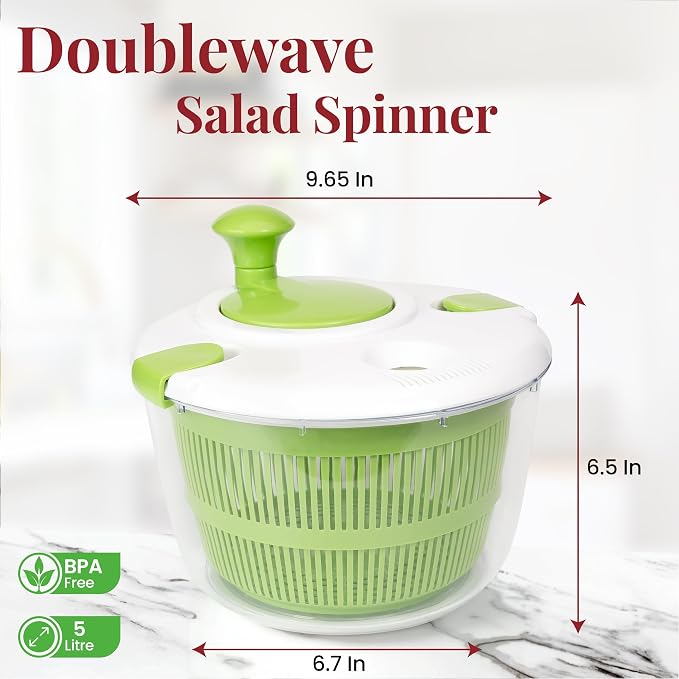 Salad Spinner | Spin & Dry Fruits, Vegetables & Greens Fast | Lettuce Washer with Dual Drain Holes | BPA-Free, Easy to Clean | 5.3 Quart Large Capacity