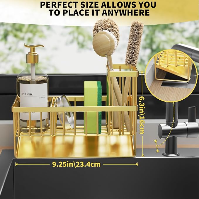 Cisily Gold Kitchen Sink Caddy Organzier with High Brush Holder, Sponge Holder for Sink, 304 Rustproof Stainless, Kitchen Countertop Soap Dispenser Organizer, Home Decor and Accessories