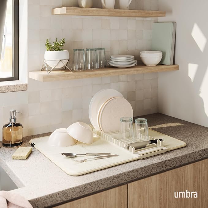 Umbra Udry Dish Drying Rack with Mat, Folds Flat for Storage, Linen | Protects countertop, BPA-free, recycled plastic construction