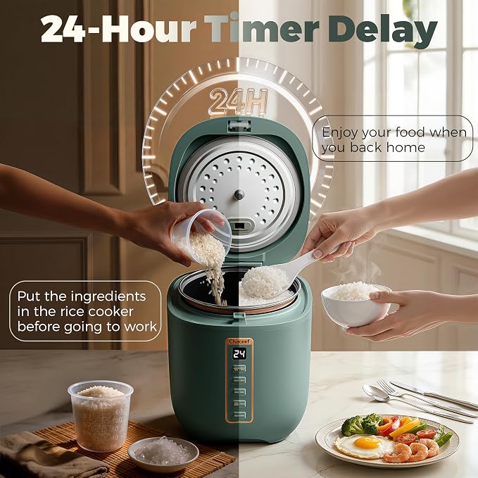 CHACEEF Rice Cooker 2 Cups Uncooked, 1.2L Portable Rice Cooker Small, Green | Smart Control, Non-Stick Pot, 24H Timer & Keep Warm, Multifunction for Soup, Oatmeal & Grain, Ideal for Dorm, Office & Travel