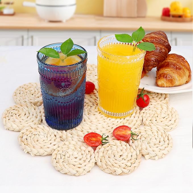 Loivttvv 6pcs Vintage Drinking Glasses Set, 12 oz Blue Highball Glasses, Embossed Ribbed Glassware Cups for Cocktail, Water, Juice, Coffee, Whiskey