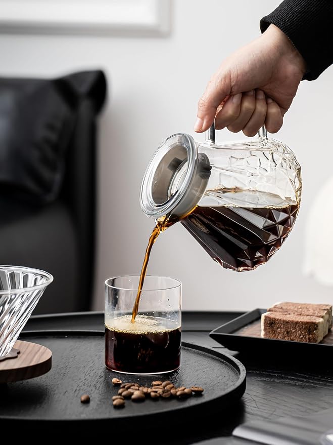 Pour Over Coffee Maker 24 oz/700 ml, Pour Over Coffee Dripper with 40 Filters, Borosilicate Glass Carafe, Walnut Handle, Lid, Clear, For Home Café Camping (24 OZ/700 ML)