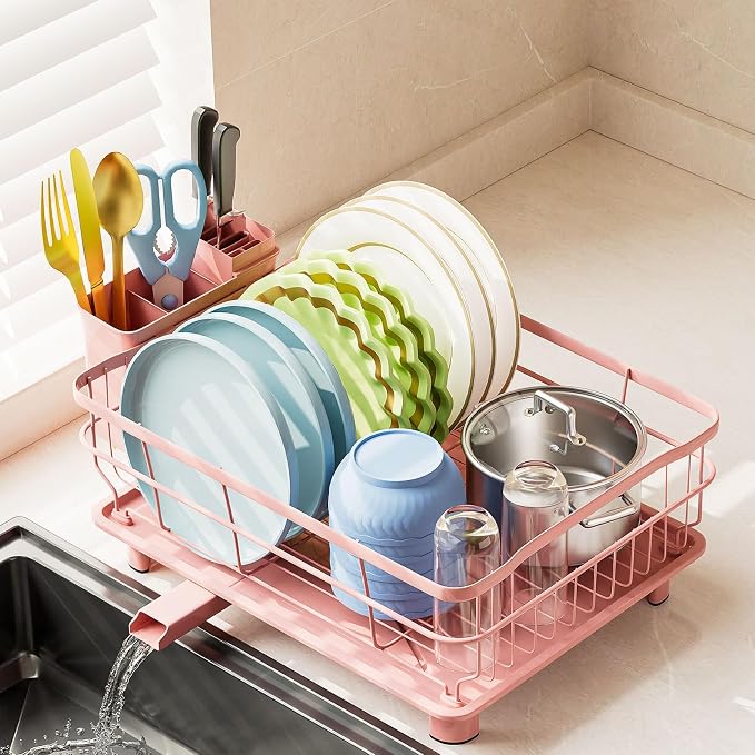AIDERLY Auto Drain Metal Dish Drying Rack Dish Drainers, Pink | with Draining Tray, Strainer, for Kitchen Counter, Sink