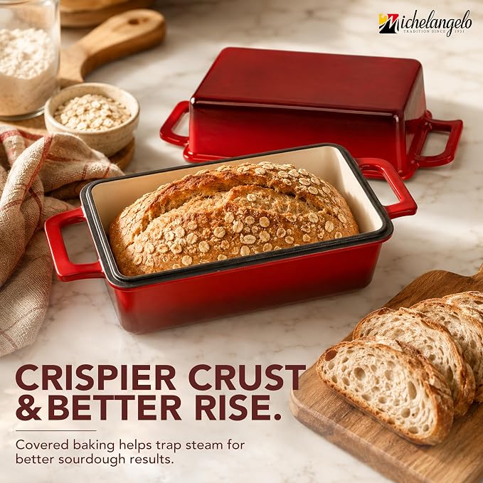 MICHELANGELO Enameled Cast Iron Bread Pan with Lid, 9x5 Sourdough Loaf Pan | PFAS-Free enamel | Use two pans or stack as a lid for crispier crust I Ideal for sandwich bread, banana bread and meatloaf.