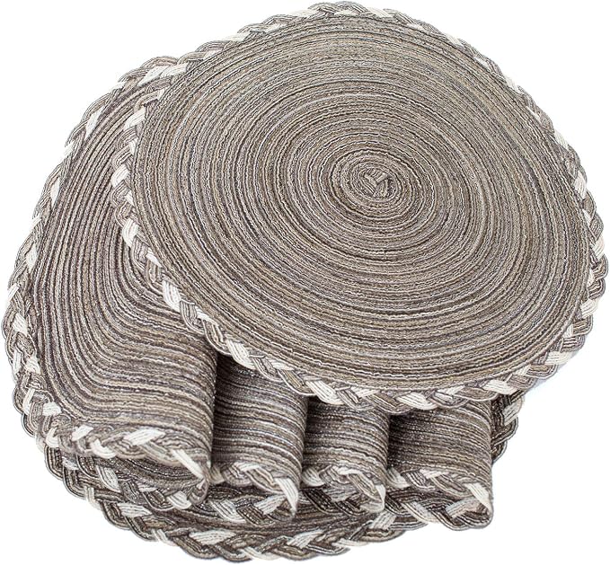 SHACOS Round Placemats Set of 4 Braided Glitter Round Table Placemats 15 inch for Wedding Holiday Party (Multicolor-Light Coffee, 4)