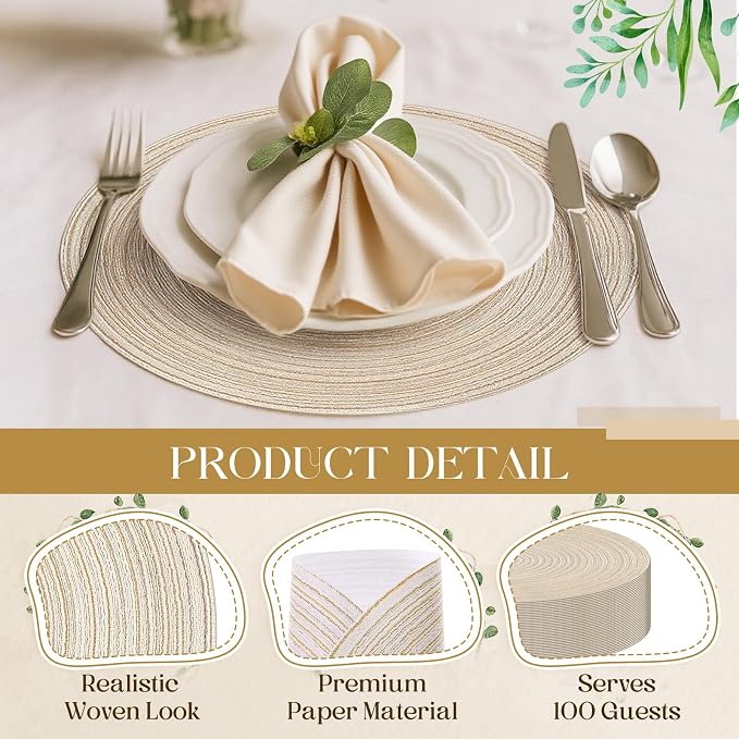 Geosar Disposable Paper Placemat Cotton Woven Look 13'',100 Pcs,Beige