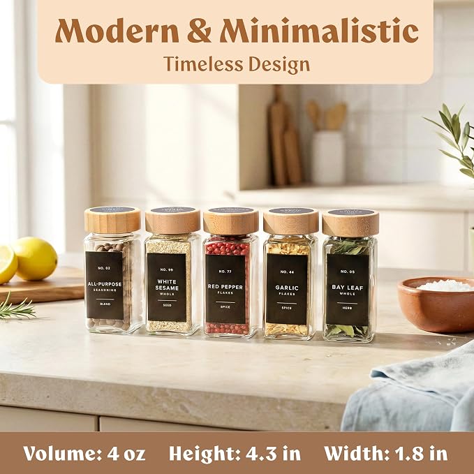 Square Glass Spice Jars (24 x 4oz) with Bamboo Lids + Magnetic Spice Rack for Refrigerator (Fits 12 Jars) + Bonus Slim Auxiliary Rack, 240 Labels, Shaker Inserts, Funnel