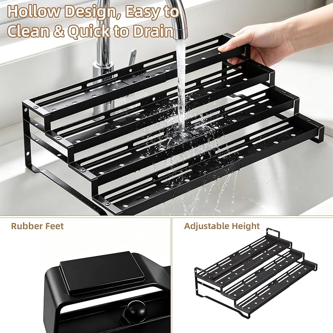 Expandable Spice Rack Organizer for Cabinet 4 Tier Spicy Shelf Black 1Pack | Adjustable Length 13"-21", Easy to See Labels, Sturdy Metal, Slip-Resistant Guardrails for Jars, Cabinet & Countertop Storage