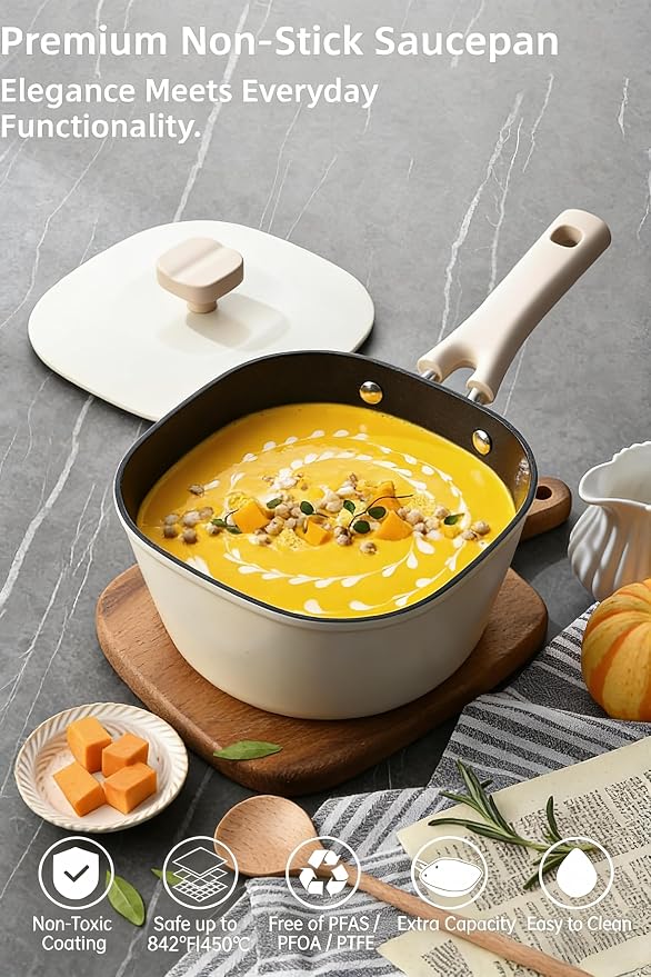 1.5QT Saucepan with Lid, Nonstick Ceramic Coating, PFAS & PFOA-Free, Induction Compatible, Dishwasher Safe, Stay-Cool Handles, Durable Scratch-Resistant Design