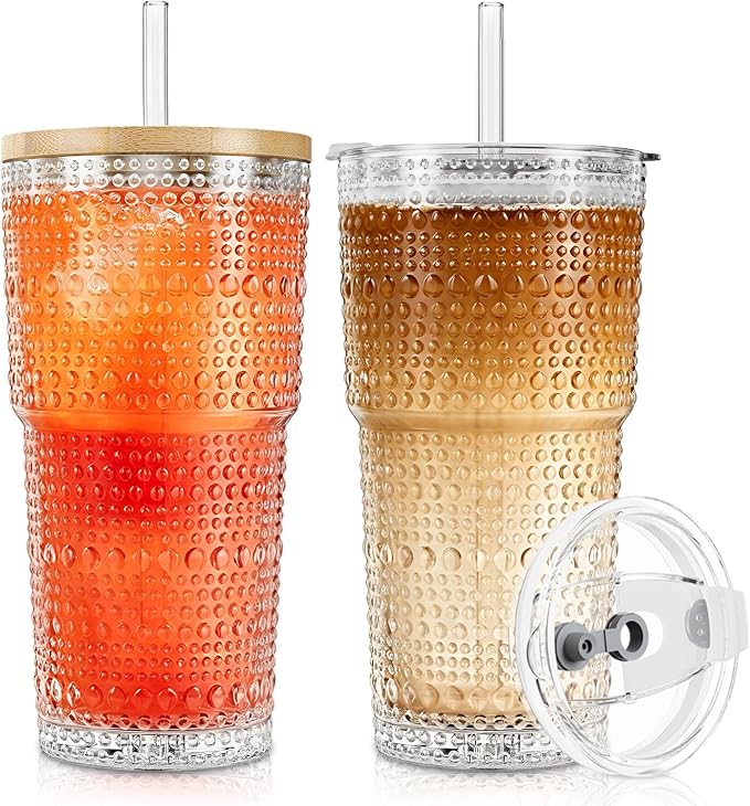 SoulTimes 20oz Hobnail Glass Tumbler with Bamboo Lids and Straws - Iced Coffee Glass Cups for Smoothie, Matcha, Juice, Water etc. Leakproof and Reusable Glassware Drinking for Travel To Go [2 Pcs]
