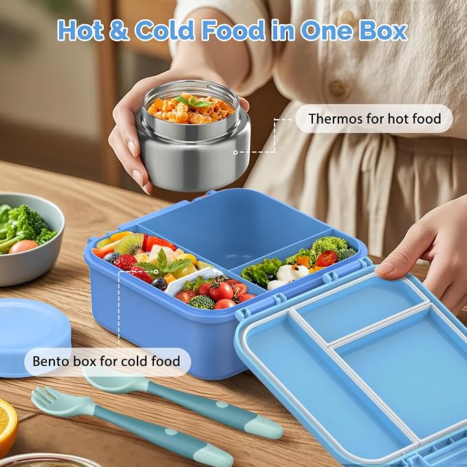 Kids Bento Lunch Box with Soup Thermo (9oz)– Hot & Cold Lunch Container with Leak Proof Insulated Food Jar for School Girls Boys, Ideal Size for Ages 3 to 7, Sky Blue & Coral
