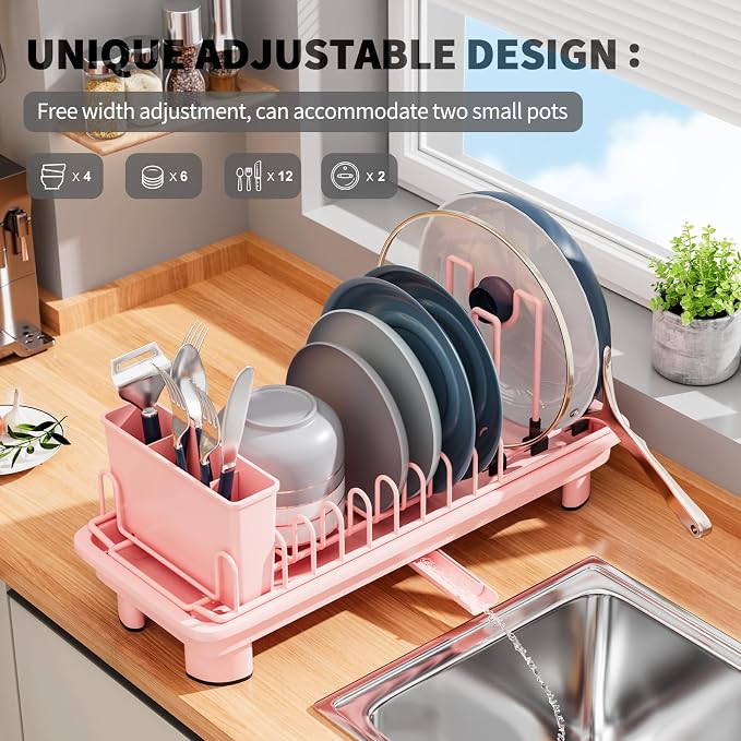 Small Dish Drying Rack, Stainless Steel with Drain Board & Utensil Holder | Anti-Scratch Base, Space Saving Design for Kitchen Counter, Pink